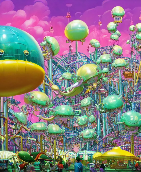 Prompt: a puffy inflated amusement park made out of seamless alien creatures, in the style of an aerodynamic obese robot, overgrown with thick orchids, partly cloudy, sun - drenched, dramatic lighting, by dan mumford, yusuke murata, makoto shinkai, ross tran, cinematic, unreal engine, cel shaded, featured on artstation, pixiv