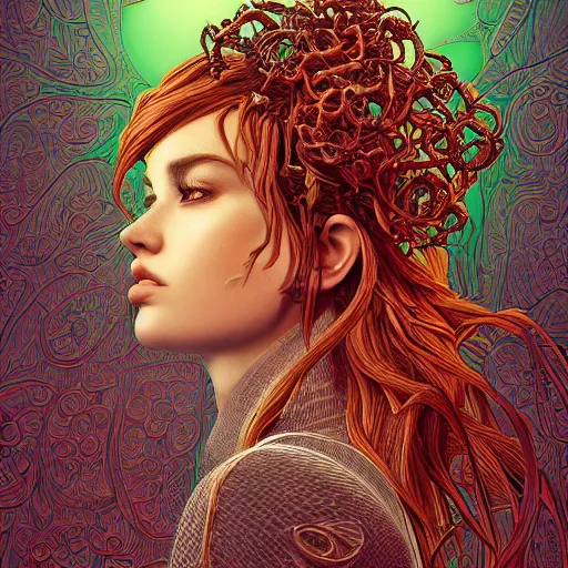 Image similar to the portrait of an incredibly beautiful woman partially made of onion rings, an ultrafine detailed illustration by james jean, final fantasy, intricate linework, bright colors, behance contest winner, vanitas, angular, altermodern, unreal engine 5 highly rendered, global illumination, radiant light, detailed and intricate environment