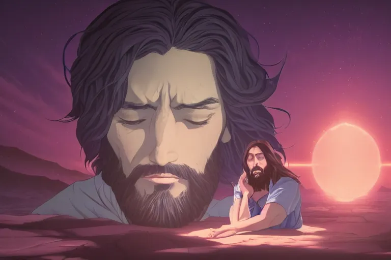 Prompt: a portrait of jesus praying, seductive, fantasy by dan mumford, yusuke murata and makoto shinkai, 8 k, cel shaded, unreal engine, featured on artstation, pixiv