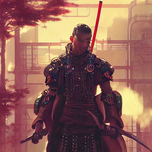 Prompt: cyberpunk samurai ,with techware , D&D, intricate, elegant, highly detailed, digital painting, japanese , altered carbon style,trending on artstation, concept art, illustration, art by Artgerm and Greg Rutkowski and Alphonse Mucha