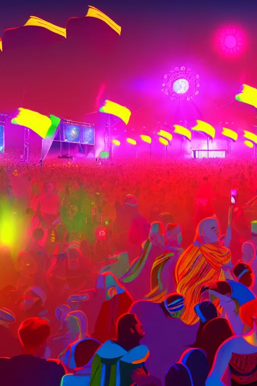 Prompt: scene from a festival with thousands of people, vibrant colours, beautiful, digital art, winning award masterpiece, cinematic lighting, trending on artstation, 8 k