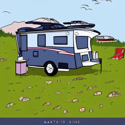 Prompt: fifth wheel camper towable large rv on the grass by the harbor in maine, rocky coast, sailboats in the water, tiny village, white background, cute digital cartoon painting art, 4 colors!!! trending on artstation