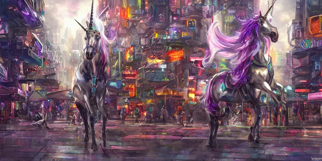 Prompt: unicorn in a futuristic cyberpunk town. By Konstantin Razumov, highly detailed