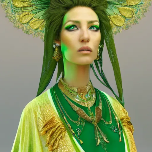 Image similar to a beautiful woman wearing a green kaftan made of silk with golden ornaments by alex gray and android jones , Karol Bak, Ayami Kojima, Amano , concept art, character design, fantasy,3D, 8k resolution