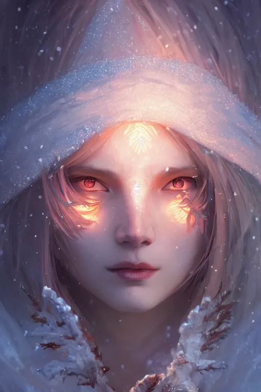 Image similar to beautiful ancient frost witch, eye fire, snow glow, snowfall, highly detailed, digital painting, artstation, sharp focus, illustration, art by tan zi and ayanamikodon and alphonse mucha and wlop