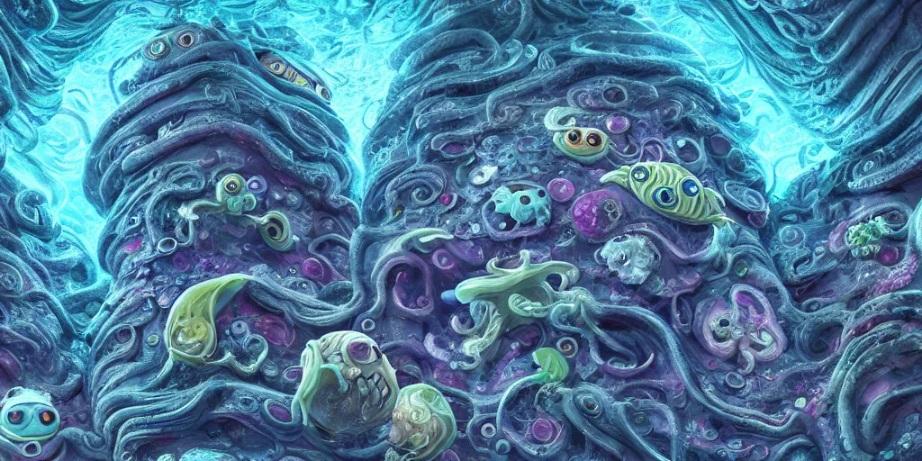 Image similar to of an intricate deep sea with strange cute friendly happy creatures with huge eyes, mouth, long tongue, round teeth and goofy face, appearing from the background, in the style of gehry and gaudi, macro lens, shallow depth of field, ultra detailed, digital painting, trending artstation, concept art, illustration, cinematic lighting, photorealism, epic, octane render