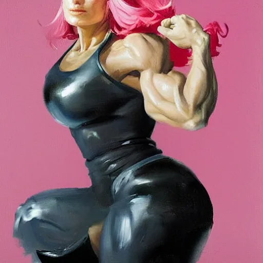 Image similar to greg manchess portrait painting of confident keira knightley with pink hair as beautiful thick muscular female bodybuilder zarya from overwatch, medium shot, asymmetrical, profile picture, organic painting, sunny day, matte painting, bold shapes, hard edges, street art, trending on artstation, by huang guangjian and gil elvgren and sachin teng