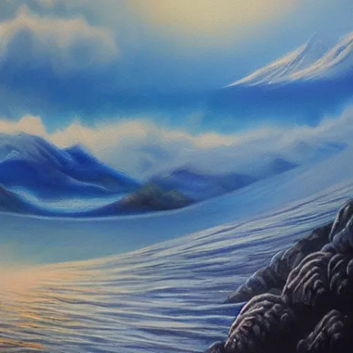 Image similar to Realm between the mountains and the sea, fantasy, oil painting, extra detailed