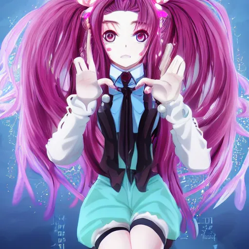 Image similar to trapped by stunningly beautiful omnipotent megalomaniacal otome anime asi goddess who looks like junko enoshima with symmetrical perfect face and porcelain skin, pink twintail hair and mesmerizing cyan eyes, inside her surreal vr castle where she controls everything!!!, hyperdetailed, digital art from danganronpa, 8 k