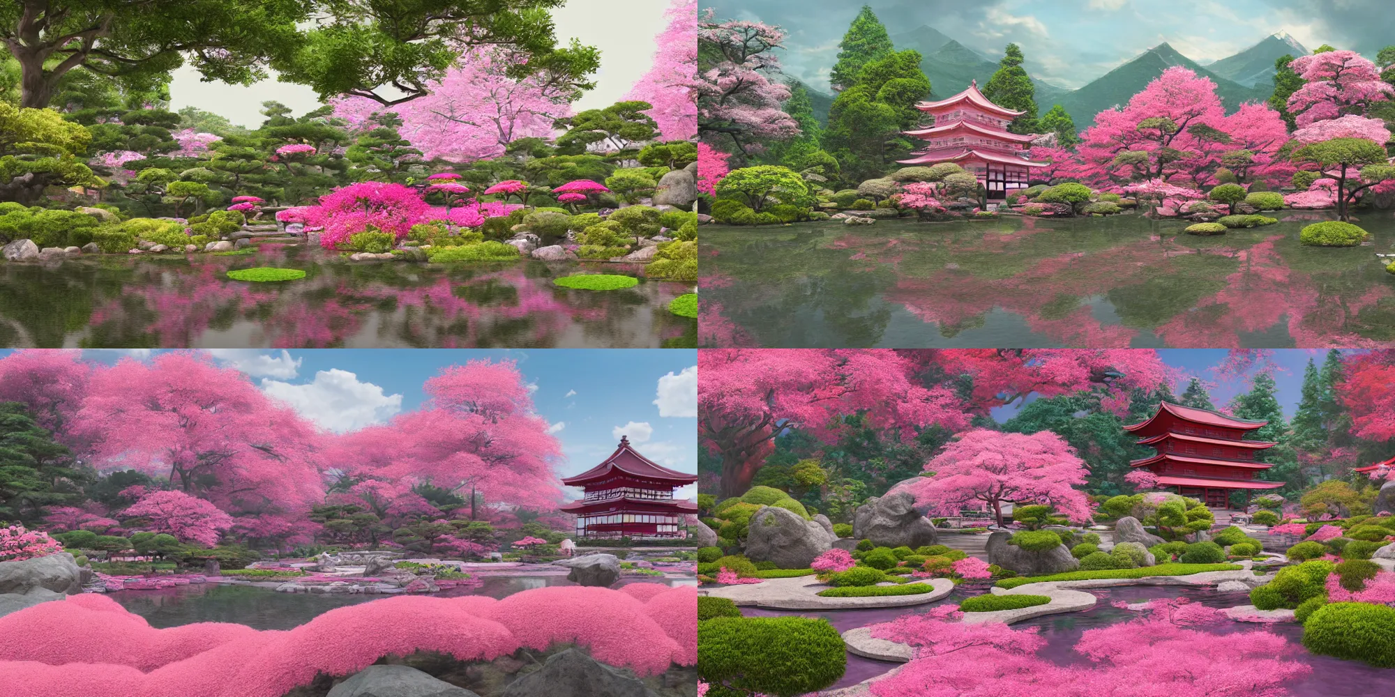 Prompt: Wide shot, hyperdetailed masterpiece concept art of a pink Japanese garden with a temple in the middle, 4k Detailed Matte Illustration trending on ArtStation