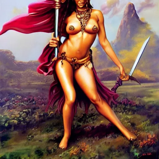 Prompt: barbara palvin supermodel posing as an amazon with a sword painted by boris vallejo, 1 9 9 0 style, full body, volcano in the background, highly detailed, airbrush painting