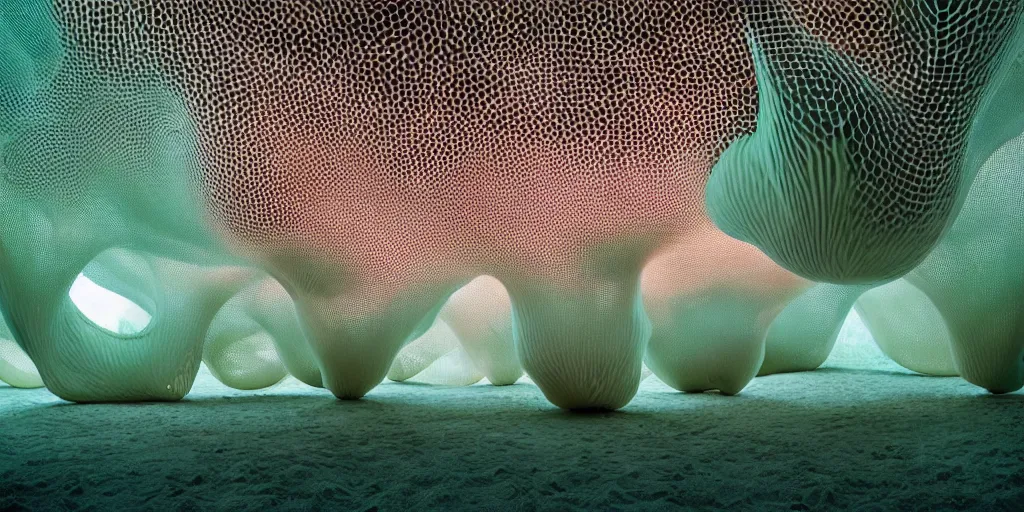 Image similar to biomorphic honeycomb structures by ernesto neto, light - mint with light - pink color, 4 k, insanely quality, highly detailed, film still from the movie directed by denis villeneuve with art direction by zdzisław beksinski, telephoto lens, shallow depth of field