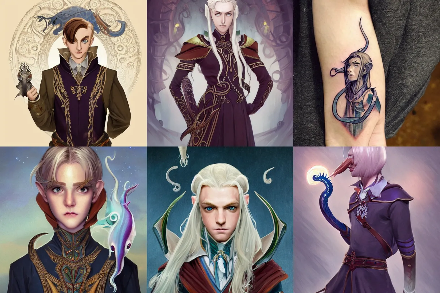 Prompt: a high elf preppy student who performs eldritch magic, similar to Malfoy, with a squid tattoo, squid motifs, D&D, fantasy, intricate, cinematic lighting, highly detailed, digital painting, artstation, concept art, smooth, sharp focus, illustration, art by Artgerm and Greg Rutkowski and Alphonse Mucha