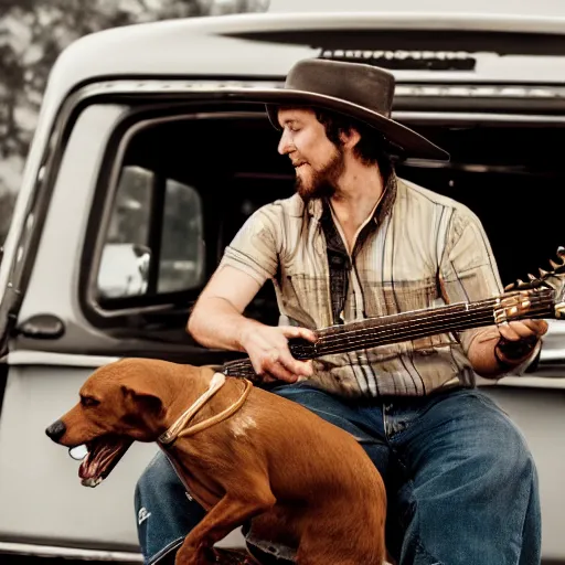 Image similar to A folkpunk brown hound dog playing the banjo in front of a pickup truck