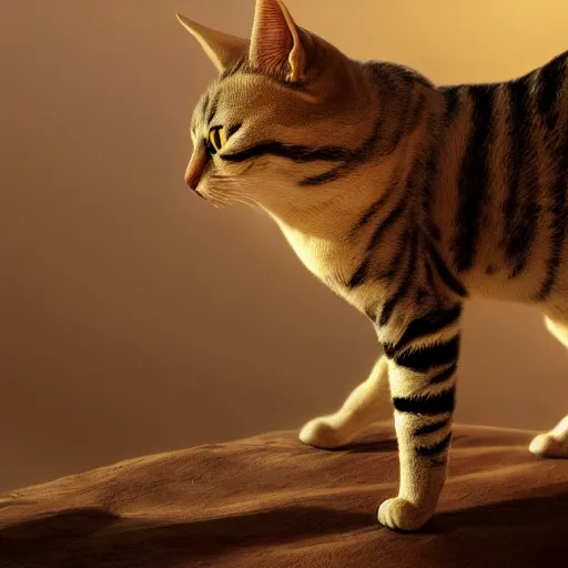 Image similar to egyptian cat, golden hour, fantasy, sharp focus, digital art, hyper realistic, 4 k, unreal engine, highly detailed, hd, dramatic lighting by brom, trending on artstation