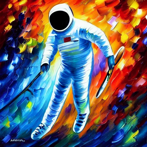 Prompt: painting of an astronaut playing tennis in a scenic cosmic environment by leonid afremov, astronaut suit, astronaut, action shot