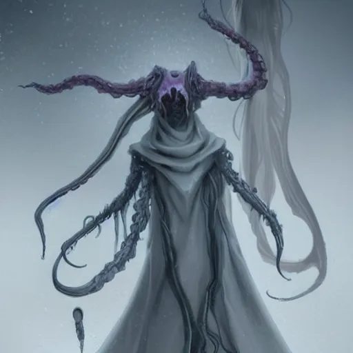 Prompt: concept designs for an ethereal ghostly wraith like figure with a squid like parasite latched onto its head and long tentacle arms that flow lazily but gracefully at its sides like a cloak while it floats around a frozen rocky tundra in the snow searching for lost souls and that hides amongst the shadows in the trees, this character has hydrokinesis and electrokinesis for the resident evil village video game franchise with inspiration from the franchise Bloodborne