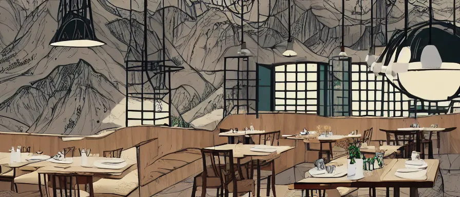 Image similar to a beautiful interior view illustration of a small roasted string hotpot restaurant of baota mountain in yan'an city, animation illustrative style, from china, restaurant wall paper is a tower on a mountain, rectangle white porcelain table, black chair, simple style structure decoration design, victo ngai, james jean, 4 k hd