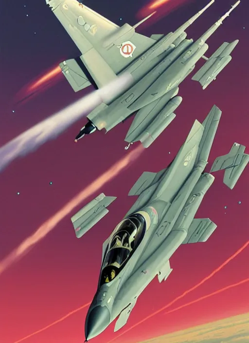 Image similar to poster artwork by michael whelan and tomer hanuka, a portrait, f 3 5 jets dogfighting in the clouds of jupiter, clean