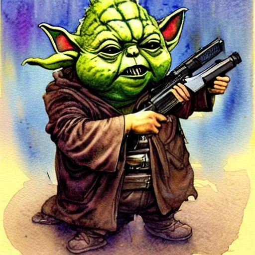 Image similar to a realistic and atmospheric watercolour fantasy character concept art portrait of a fat sleazy homeless chibi yoda wearing a wife beater and holding a glock, by rebecca guay, michael kaluta, charles vess and jean moebius giraud