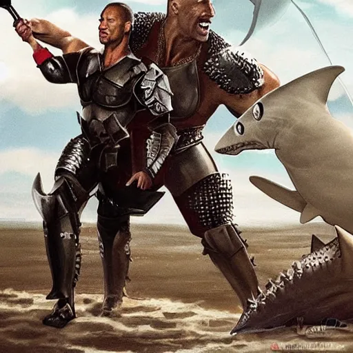 Image similar to dwayne johnson in armor fighting a shark, painted