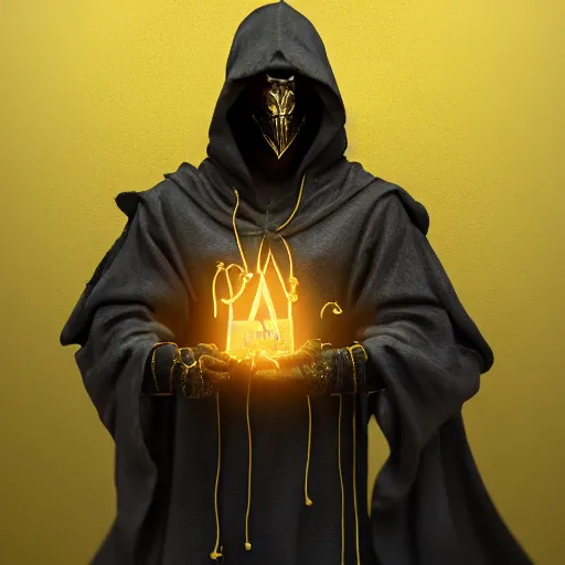 Prompt: award - winning. trending on artstation. cinematic. 4 k. a person wearing hooded frayed yellow robes and an eerie steel mask casting a spell while yellow magic runes float behind them. dark background