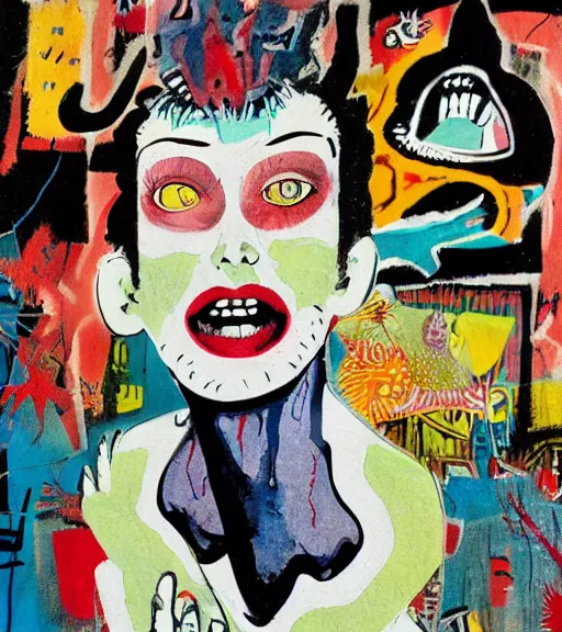 Prompt: acrylic painting of a bizarre nightmare woman in front of an aquarium in tokyo, mixed media collage by basquiat and jackson pollock, maximalist magazine collage art, retro psychedelic illustration, 1 9 2 0 s