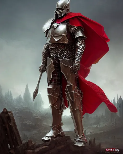 Prompt: evil ultrarealistic massive giant iron knight with red cape, giant metal helm bladed iron mantle etched iron armor, bone wastes, fantasy character portrait, octane render, extreme intricate metal details, cinematic lighting, volumetric lighting, ultra wide angle, artstation, dnd art, cgsociety, sharp focus, digital painting by artgerm, gerald brom, wlop