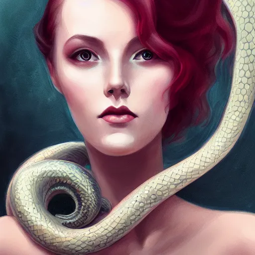 Image similar to portrait of a woman with a snake inspired by Charlie bowater,Anna Dittmann