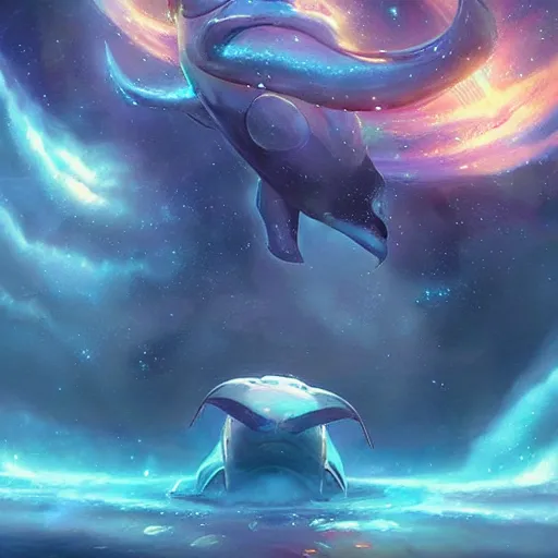 Image similar to space magical whale, galaxy whale, epic fantasy style art, galaxy theme, by Greg Rutkowski, hearthstone style art, 99% artistic