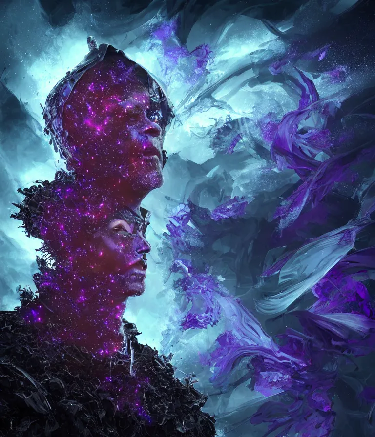 Image similar to impressive ominous front!! shot photo of a court jester character fine portrait fine portrait mesmerizing fractal hyper cubes platinum cracked dark future hyper dimensional space galactic crystal nebula edges elegant detailed intricate concept artstation sharp focus ray tracing cinematic masterpiece temporal corruption beeple wlop germ 8 4 k scifi glossy hyper realistic illustration canon eos r 3 fujifilm x - t 3 0 sony alpha a 6 6 0 0