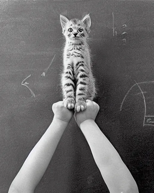 Image similar to a tall kitten standing in from of a blackboard writing math formulae, realistic photo, 1970s