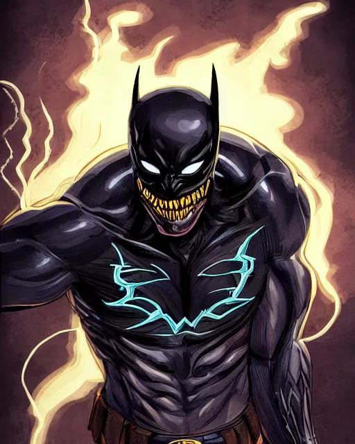 Image similar to venom as batman, with the powers of flash, dynamic lighting, fantasy concept art, trending on art station, stunning visuals, creative, cinematic, ultra detailed, comic strip style, sumihei