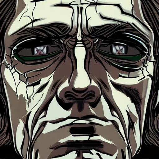 Prompt: close up portrait artwork of man with mullet, half face cyborg. From The Terminator 1984. Artwork by Dan Mumford