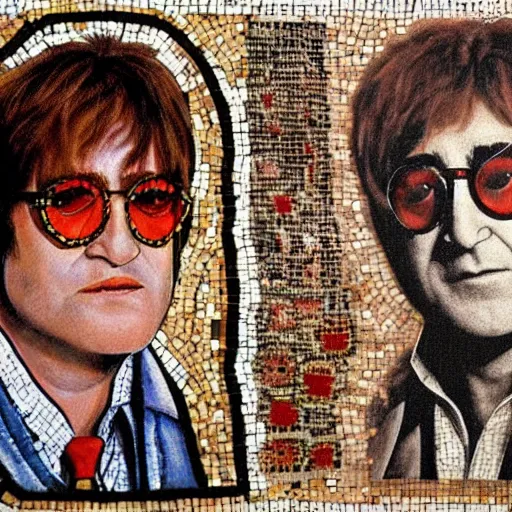 Prompt: elton john lennon in the ancient zeugma, but as an mosaic art. many small stones and nice level of details