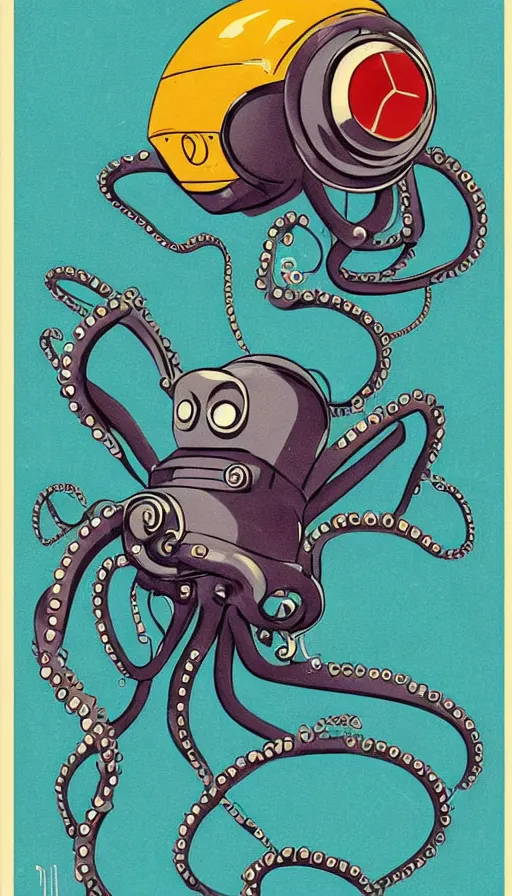 Prompt: 1 9 5 0 s retro future robot android octopus. muted colors. by filbert cunningham