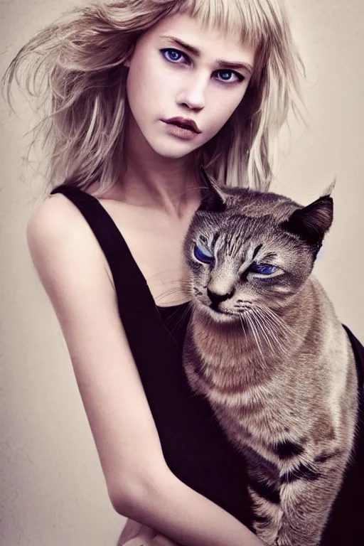 Image similar to photo realistic portrait of a blonde hair blue eyed teenage girl, sharp jawline seductive pose, Teary-eyed, makeup with a cat close to her. Photography portrait by Paolo Roversi
