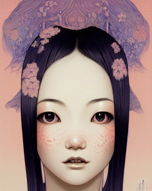 Image similar to touka a japanese woman, half body portrait, long black hair, playful smile, female beauty, symmetrical face hyperrealism, backlit, pastel color gradients, by keathe butcher and joe fenton and greg rutkowski, soft lighting, sharp details