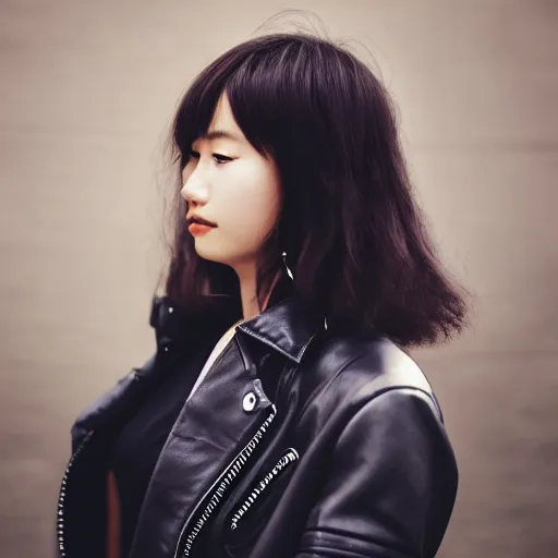 Image similar to a perfect HD photo of close-up japanese young woman wearing leather jacket, instagram, behance, kodak portra