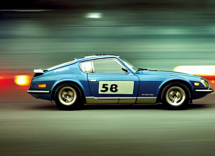 Prompt: Datsun 240Z Fairlady Z 1973 racing down high way night time japan film photo motion blur front side view ((((Wadim Kashin Wenjun Lin))))