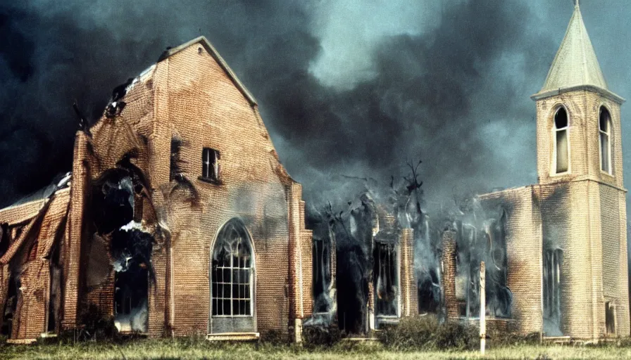 Image similar to 7 0 s film still from a horror movie about burning churches, kodachrome, cinecolor, cinestill, film grain, film texture, retro, cinematic, high resolution, photorealism,