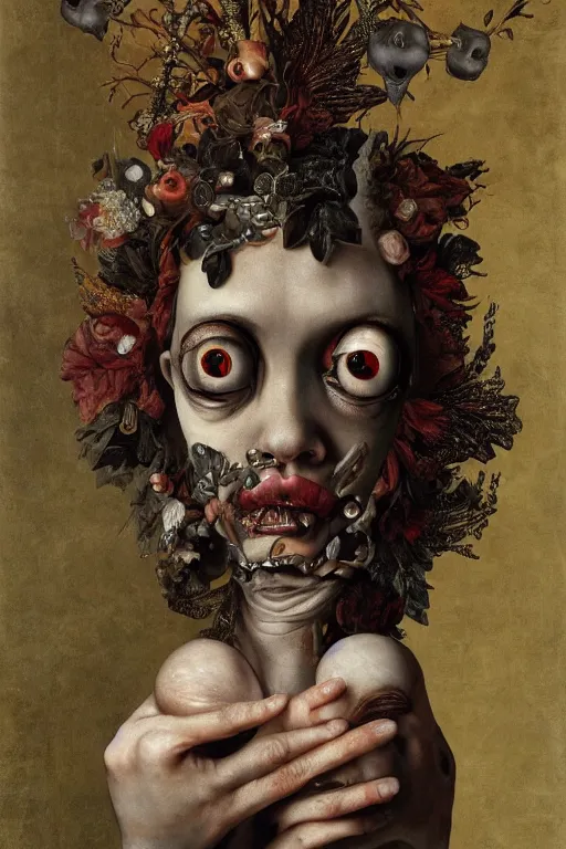 Image similar to Detailed maximalist portrait with large lips and with large wide eyes, surprised expression, surreal extra flesh and bones, HD mixed media, 3D collage, highly detailed and intricate, illustration in the style of Caravaggio, dark art, baroque