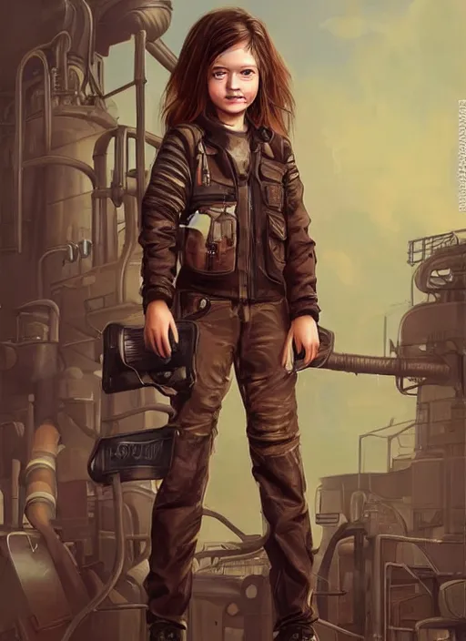 Image similar to a portrait digital painting of a young girl with hazel - brown hair. post - apocalyptic clothing. she's wearing a mechanics uniform and has been working on some large machinery. a factory background with big machines, pipes, computer monitors. painted by artgerm, ross tran.