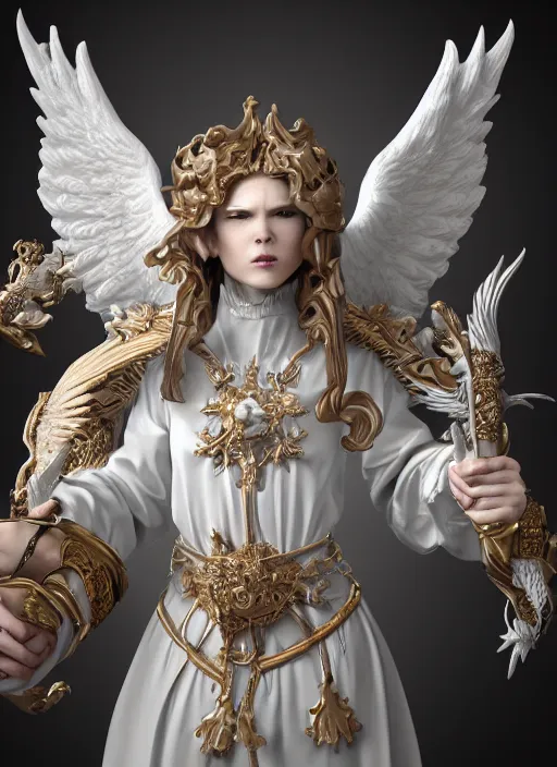 Image similar to high intricate porcelain baroque angelic priest fighting the hell demon, maria panfilova, andrea savchenko, mike kime, ludovic plouffe, qi sheng luo, oliver cook, trending on artstation