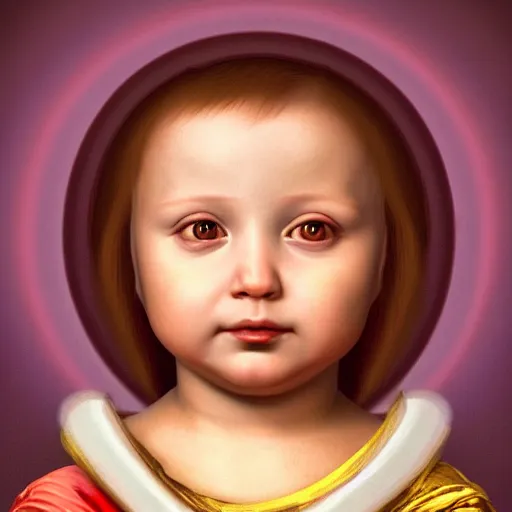 Image similar to Renaissance portrait of a holy catholic baby, trending on art station, 4k UHD, 8k, painting illustration, realistic volumetric lighting, rendered in unreal engine, high detail, photorealistic, Lisa frank