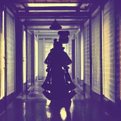 Image similar to a dark, back lit, silhouette of a mechanised cyber geisha, beautiful, detailed intricate traditional clothing, neon light halo, standing in font of a dark corridor,