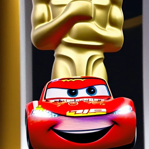 Prompt: photo of lightning mcqueen winning an oscar