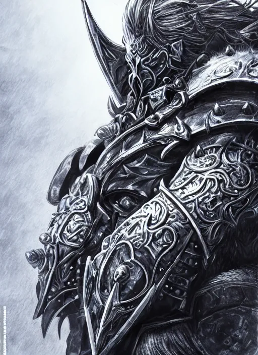 Image similar to close up portrait of arthas the lich king, powerful, domineering, stoic, masterful, intense, ultrafine hyperdetailed illustration by kim jung gi, irakli nadar, intricate linework, sharp focus, octopath traveler, yoji shinkawa, highly rendered, detailed, concept art