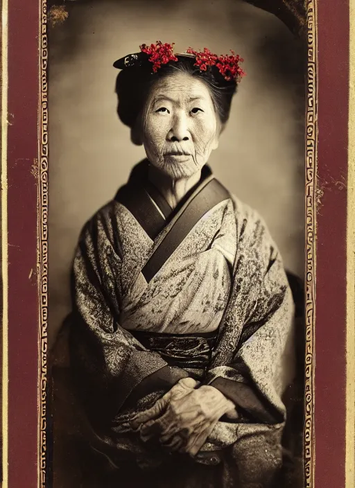 Image similar to a wet plate portrait of a old asiatic woman, geisha, traditional dress, flowers, photorealistic, cinematic light, highly detailed, smooth, sharp focus, illustration, shallow depth of field