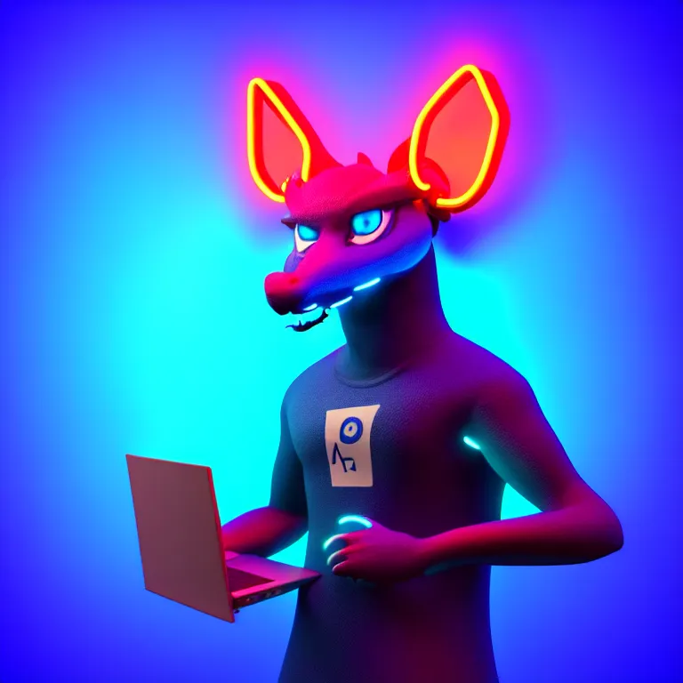 Image similar to an anthropomorphic male blue dragon fursona wearing an indigo t - shirt, headphones on his head, laptop, neon lights, furry, vivid saturation, 3 d render, octane render